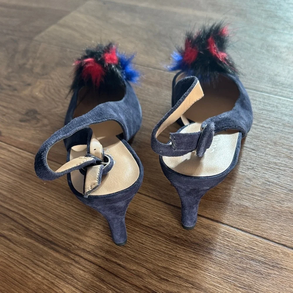 Franco Sarto Black Heels with Red and Blue Fur Accents - Picture 2 of 3